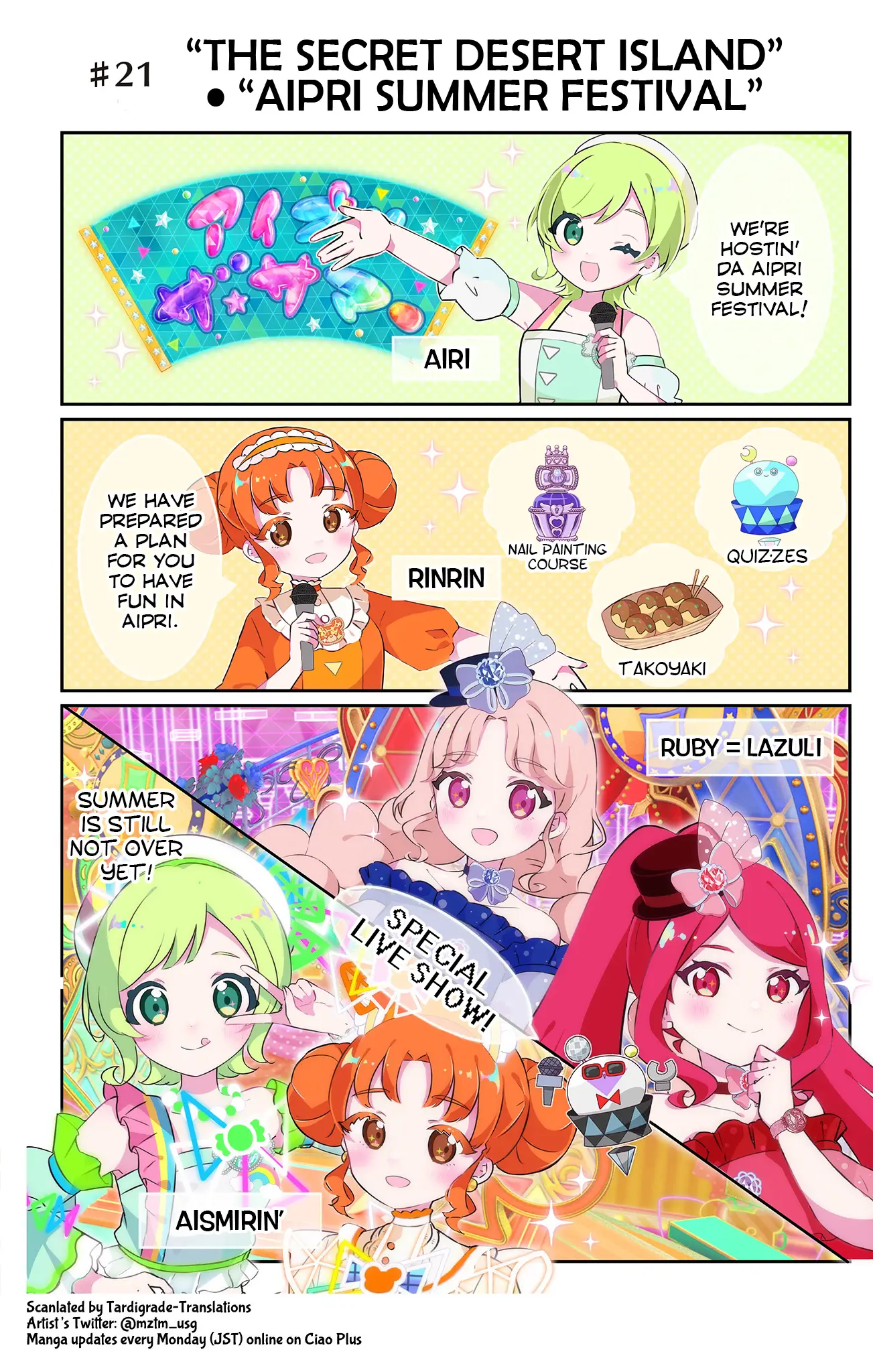 Himitsu No Aipri Full Color Osarai 4-Koma - Chapter 21: "The Secret Desert Island" · "Aipri Summer Festival"