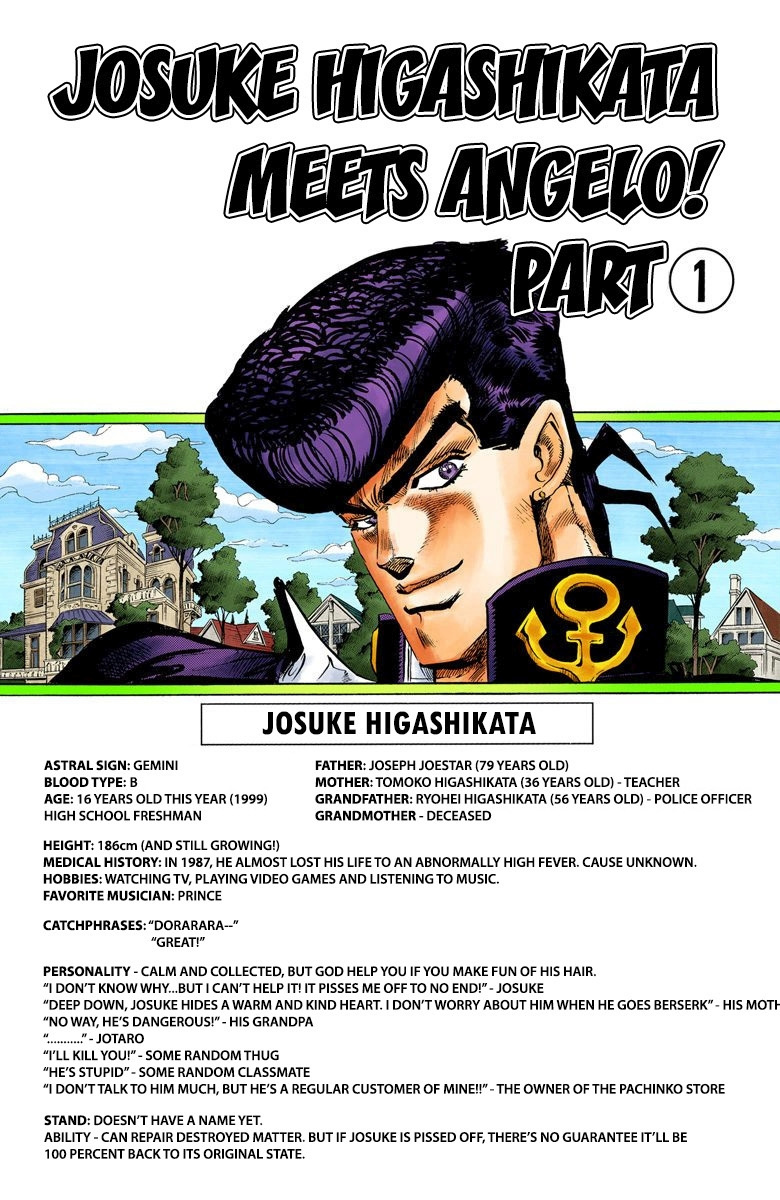 Diamond Wa Kudakenai - Vol.1 Chapter 4: Josuke Higashikata Meets Angelo! - Part 1